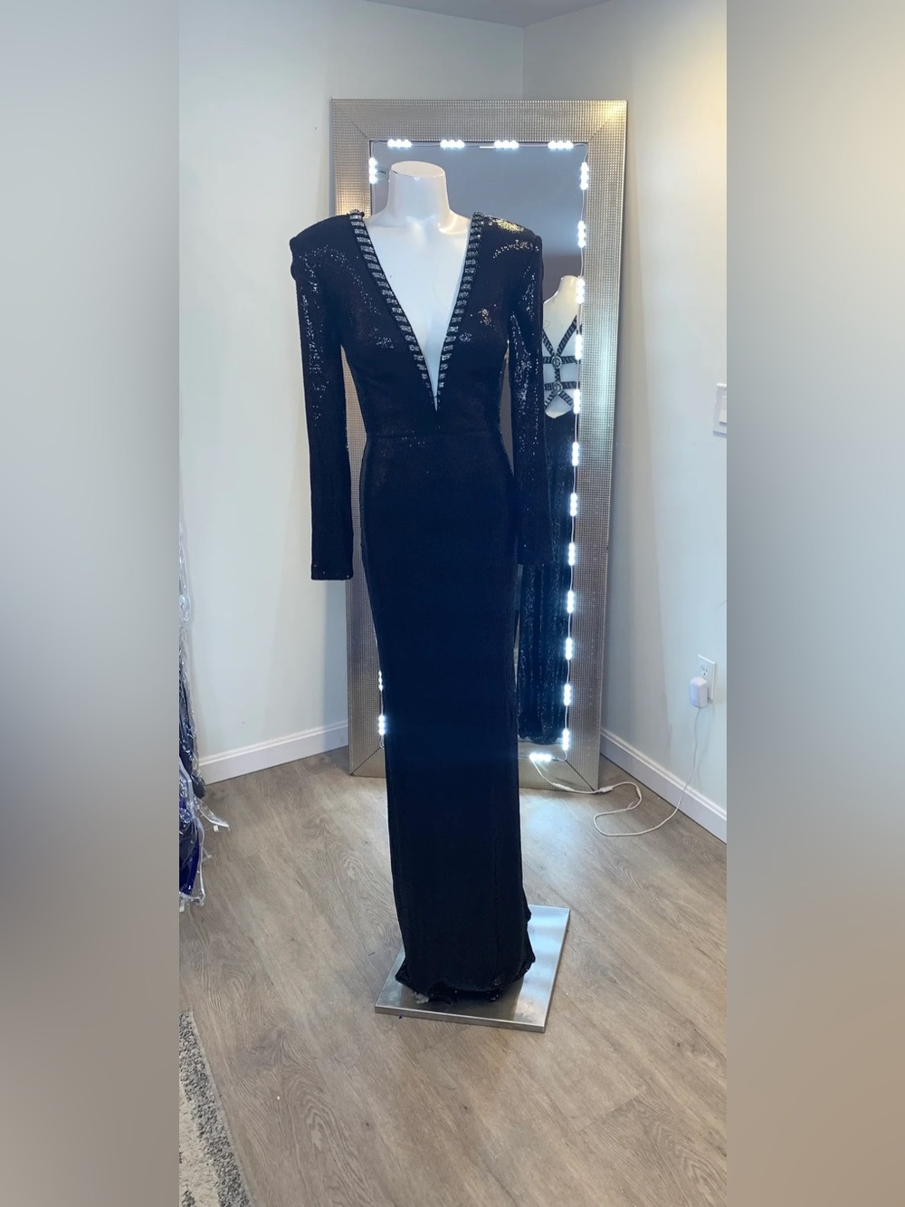 Tarik Ediz Black Sequin Plunge Long Sleeve Gown